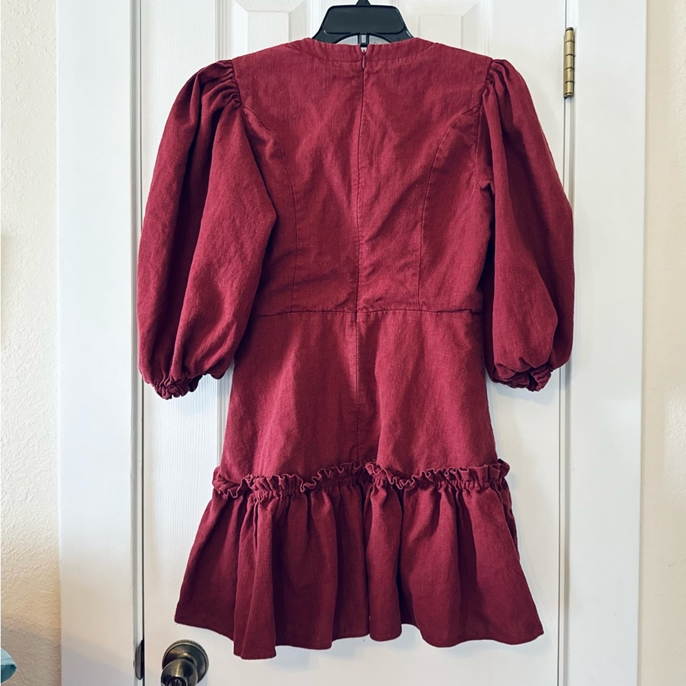 KARLIE Burgundy Linen Blend Puff Sleeve V-Neck‎ Ruffle Hem Dress Size Large - Picture 6 of 7